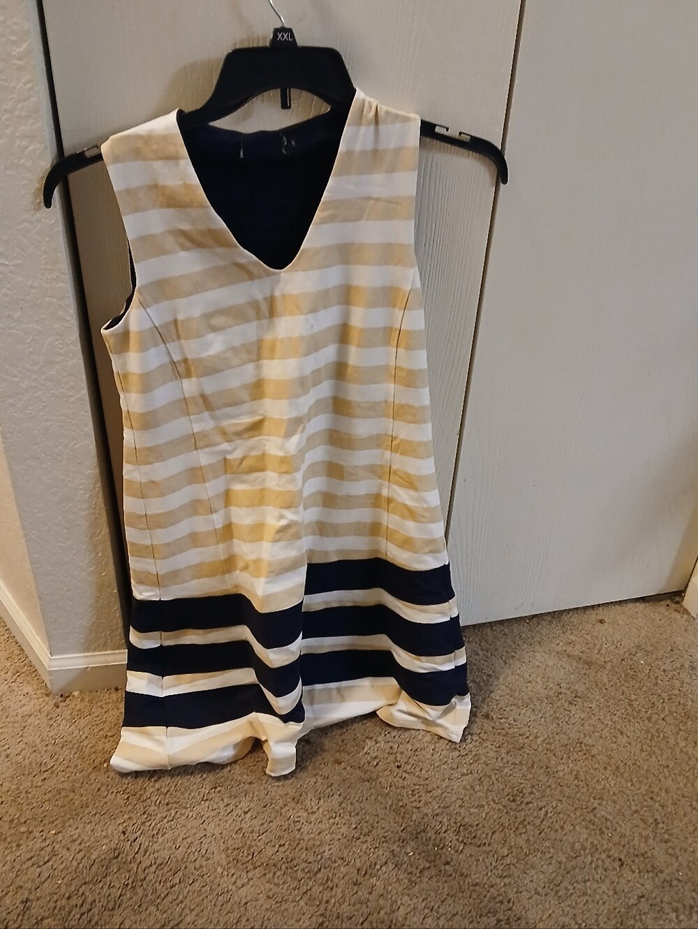 Duffield Lane Beige, White & Navy Striped Sleeveless A-Line Dress